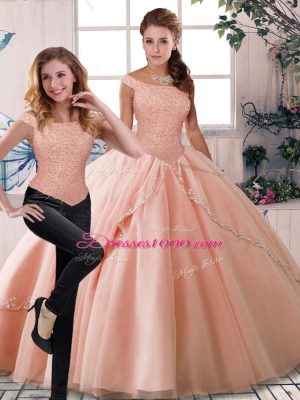 Cute Peach Two Pieces Beading Vestidos de Quinceanera Lace Up Tulle Sleeveless