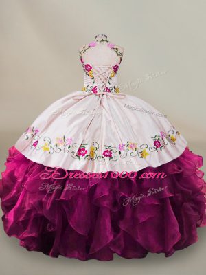 Sleeveless Organza Floor Length Lace Up Sweet 16 Dresses in Fuchsia with Beading and Embroidery