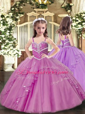 Lilac Straps Neckline Beading and Ruffles Pageant Gowns For Girls Sleeveless Lace Up
