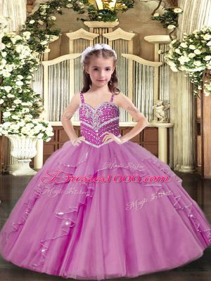 Lilac Straps Neckline Beading and Ruffles Pageant Gowns For Girls Sleeveless Lace Up