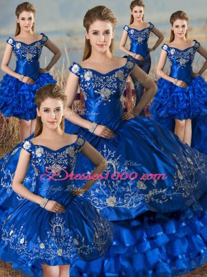 Off The Shoulder Sleeveless Ball Gown Prom Dress Floor Length Embroidery and Ruffled Layers Royal Blue Satin