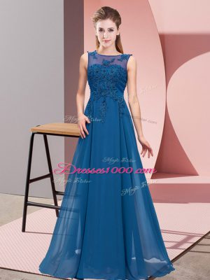 Empire Bridesmaid Dress Blue Scoop Chiffon Sleeveless Floor Length Zipper
