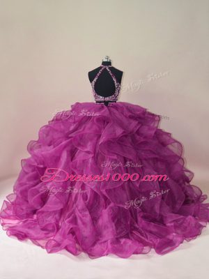 Fuchsia Scoop Neckline Beading and Ruffles Quinceanera Dress Sleeveless Backless