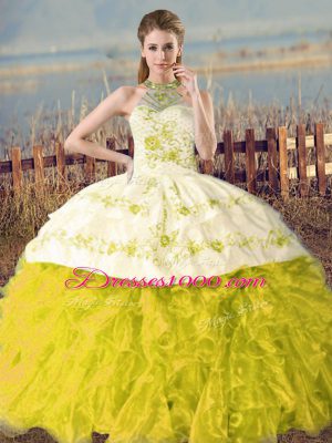 Court Train Ball Gowns Vestidos de Quinceanera Yellow Green and Yellow Halter Top Organza Sleeveless Lace Up