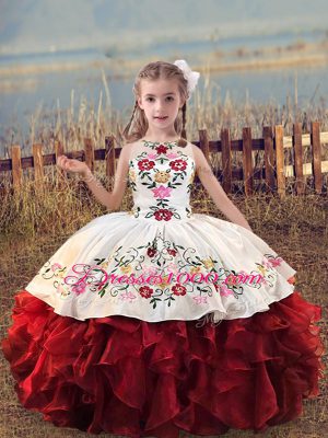 Beauteous White And Red Organza Lace Up Scoop Sleeveless Floor Length Kids Formal Wear Embroidery and Ruffles