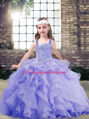 Dazzling Sleeveless Floor Length Beading and Ruffles Lace Up Little Girl Pageant Dress with Lavender