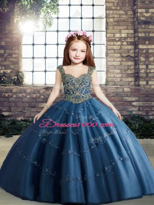 Blue Sleeveless Beading Floor Length Little Girl Pageant Dress