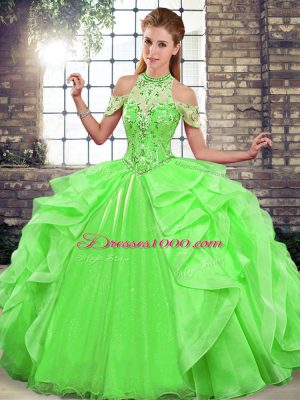 Glorious Ball Gowns Quinceanera Gowns Green Halter Top Organza Sleeveless Floor Length Lace Up