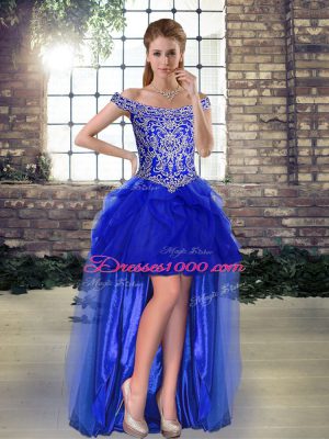 New Style Royal Blue Off The Shoulder Neckline Beading and Ruffles Celebrity Style Dress Sleeveless Lace Up