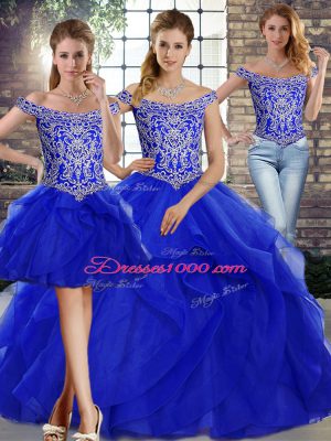Sleeveless Beading and Ruffles Lace Up Quinceanera Dress with Royal Blue Brush Train