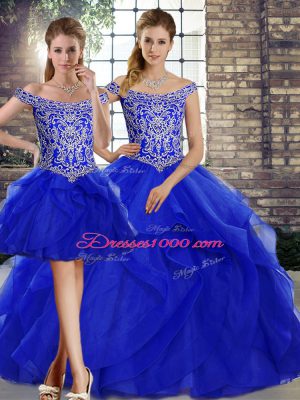 Sleeveless Beading and Ruffles Lace Up Quinceanera Dress with Royal Blue Brush Train