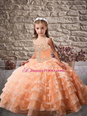 Sleeveless Brush Train Beading and Ruffled Layers Lace Up Little Girl Pageant Gowns