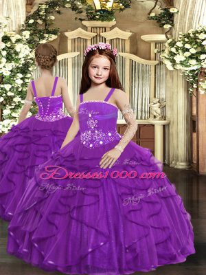 Purple Lace Up Little Girl Pageant Dress Ruffles Sleeveless Floor Length