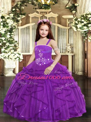 Purple Lace Up Little Girl Pageant Dress Ruffles Sleeveless Floor Length