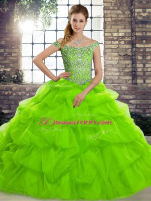 Charming Off The Shoulder Sleeveless Tulle Quince Ball Gowns Beading and Pick Ups Brush Train Lace Up