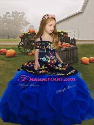 Superior Royal Blue Sleeveless Floor Length Embroidery and Ruffles Lace Up Little Girl Pageant Dress