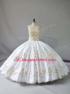 Elegant Floor Length Lace Up Ball Gown Prom Dress White for Sweet 16 and Quinceanera with Embroidery