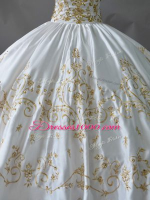 Elegant Floor Length Lace Up Ball Gown Prom Dress White for Sweet 16 and Quinceanera with Embroidery