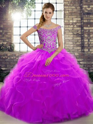 Nice Purple Off The Shoulder Neckline Beading and Ruffles Sweet 16 Quinceanera Dress Sleeveless Lace Up