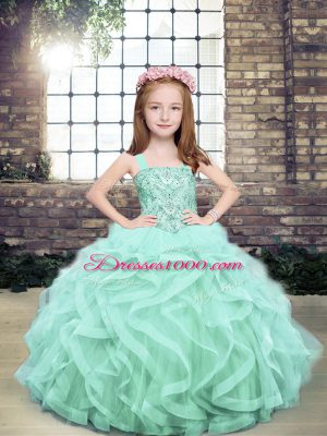 Popular Floor Length Lace Up Pageant Dress Apple Green and In with Beading and Ruffles
