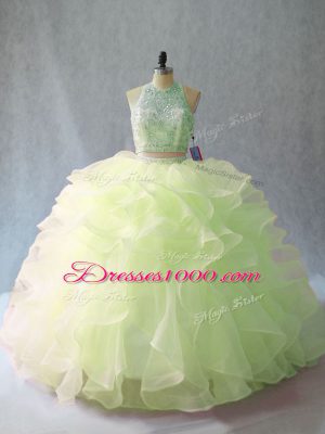Spectacular Brush Train Ball Gowns Quince Ball Gowns Yellow Green Halter Top Organza Sleeveless Backless