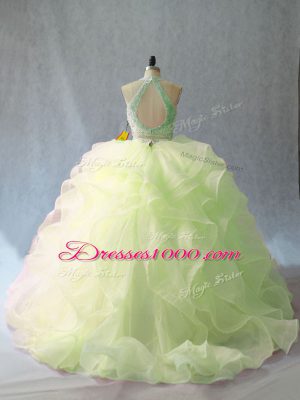 Spectacular Brush Train Ball Gowns Quince Ball Gowns Yellow Green Halter Top Organza Sleeveless Backless