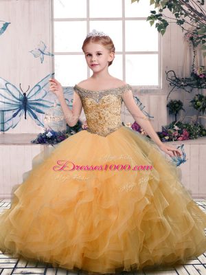 Gold Sleeveless Tulle Lace Up Child Pageant Dress for Party and Sweet 16 and Wedding Party
