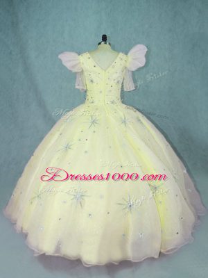 Glorious Floor Length Yellow 15th Birthday Dress Organza Short Sleeves Beading