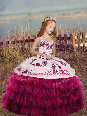 Fashionable Fuchsia Ball Gowns Organza Straps Sleeveless Embroidery and Ruffles Floor Length Lace Up Pageant Gowns For Girls