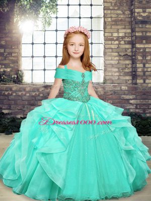 Nice Apple Green Ball Gowns Beading Little Girl Pageant Dress Lace Up Organza Sleeveless Floor Length