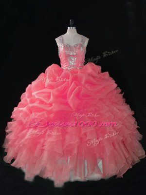 Baby Pink Ball Gowns Beading and Ruffles and Pick Ups 15th Birthday Dress Zipper Organza Sleeveless