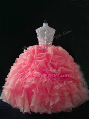 Baby Pink Ball Gowns Beading and Ruffles and Pick Ups 15th Birthday Dress Zipper Organza Sleeveless