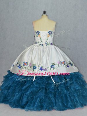 Deluxe Organza Sweetheart Sleeveless Lace Up Embroidery and Ruffles Quinceanera Dress in Blue