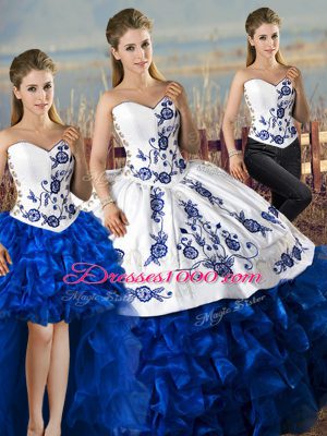 Fitting Organza Sweetheart Sleeveless Lace Up Embroidery and Ruffles Quinceanera Dresses in Blue And White