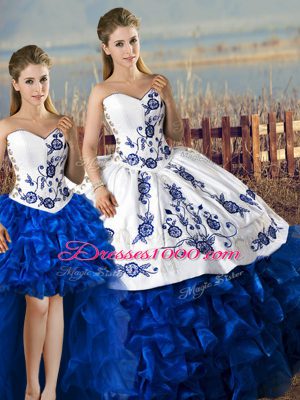Fitting Organza Sweetheart Sleeveless Lace Up Embroidery and Ruffles Quinceanera Dresses in Blue And White