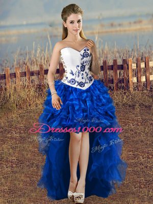 Fitting Organza Sweetheart Sleeveless Lace Up Embroidery and Ruffles Quinceanera Dresses in Blue And White