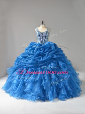 Amazing Blue Ball Gowns Beading and Ruffles Ball Gown Prom Dress Lace Up Organza Sleeveless Floor Length