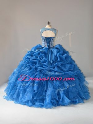 Amazing Blue Ball Gowns Beading and Ruffles Ball Gown Prom Dress Lace Up Organza Sleeveless Floor Length