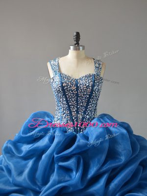 Amazing Blue Ball Gowns Beading and Ruffles Ball Gown Prom Dress Lace Up Organza Sleeveless Floor Length