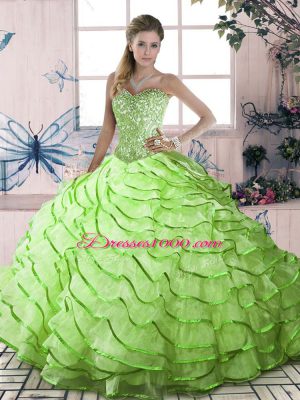 Fantastic Yellow Green Organza Lace Up Ball Gown Prom Dress Sleeveless Brush Train Ruffled Layers
