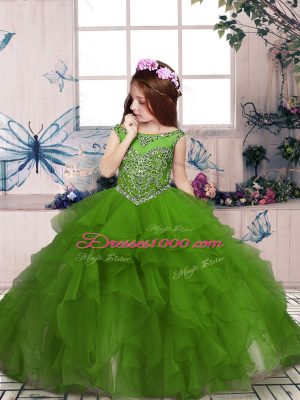 Floor Length Zipper Little Girls Pageant Dress Wholesale Olive Green for Sweet 16 and Wedding Party with Beading and Ruffles