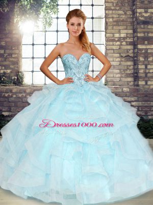Sleeveless Floor Length Beading and Ruffles Lace Up 15th Birthday Dress with Light Blue