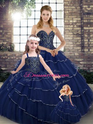 Tulle Sweetheart Sleeveless Brush Train Lace Up Beading and Ruffled Layers Quinceanera Dress in Navy Blue