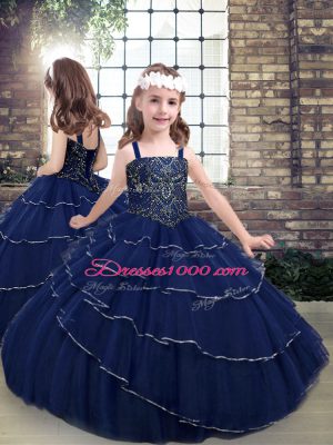 Tulle Sweetheart Sleeveless Brush Train Lace Up Beading and Ruffled Layers Quinceanera Dress in Navy Blue