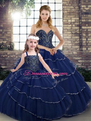 Tulle Sweetheart Sleeveless Brush Train Lace Up Beading and Ruffled Layers Quinceanera Dress in Navy Blue