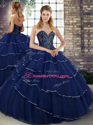 Tulle Sweetheart Sleeveless Brush Train Lace Up Beading and Ruffled Layers Quinceanera Dress in Navy Blue