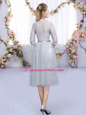 Grey Wedding Guest Dresses Wedding Party with Lace and Belt High-neck Half Sleeves Zipper