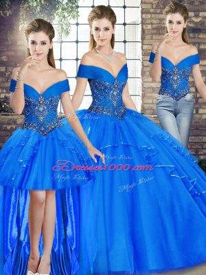 Cheap Sleeveless Floor Length Beading and Ruffles Lace Up 15th Birthday Dress with Royal Blue