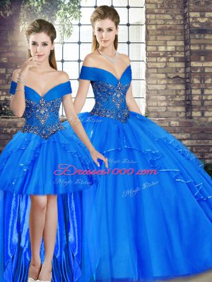 Cheap Sleeveless Floor Length Beading and Ruffles Lace Up 15th Birthday Dress with Royal Blue