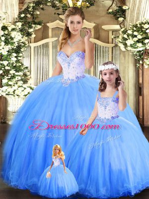 Luxurious Blue Lace Up Sweet 16 Dress Beading Sleeveless Floor Length